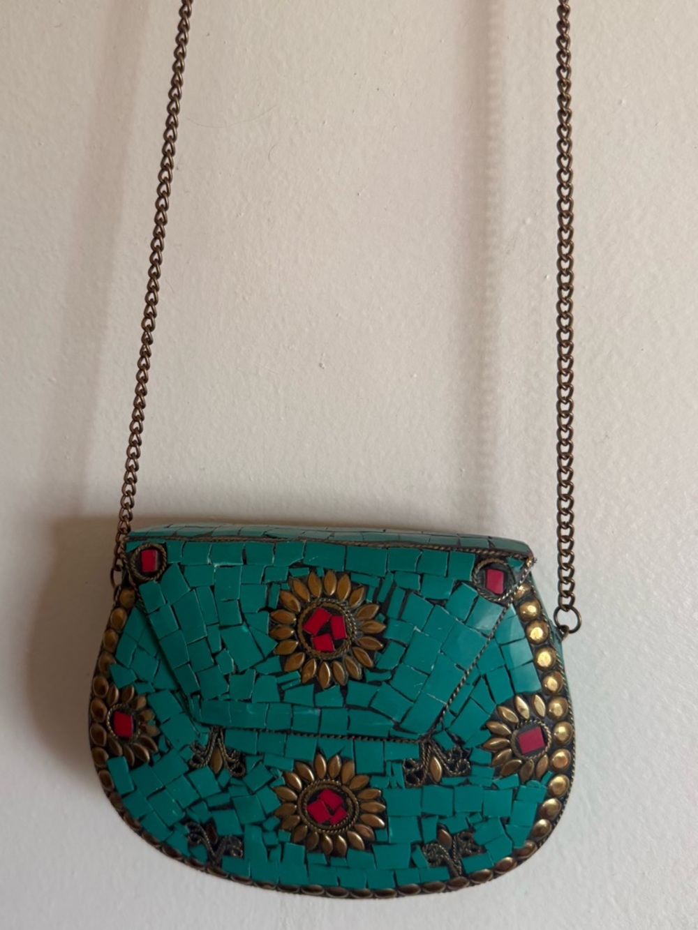 Zara Turquoise Mosaic Crossbody with Red Accent Stones
